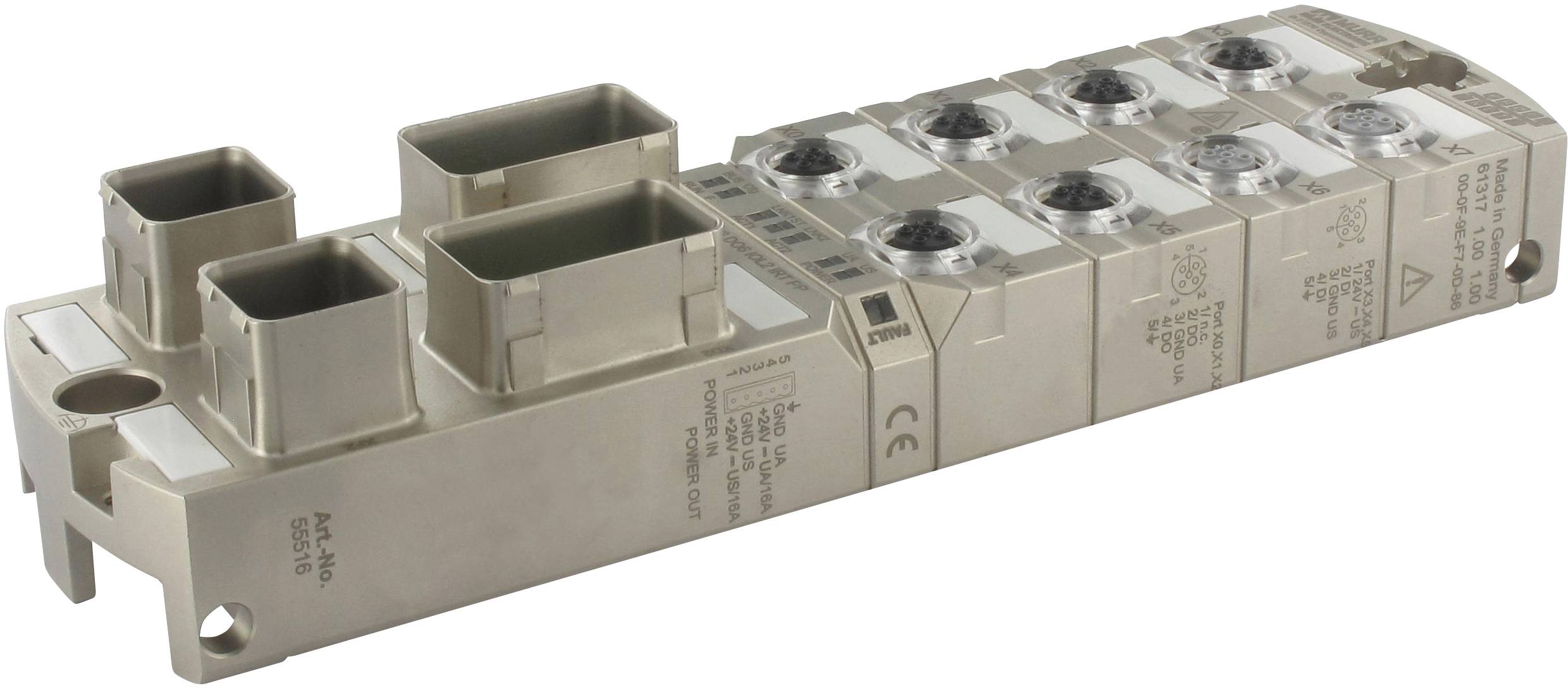 Ein elektronisches Steuergerät mit mehreren Anschlüssen und Beschriftungen, verwendet in industriellen oder technischen Anwendungen.