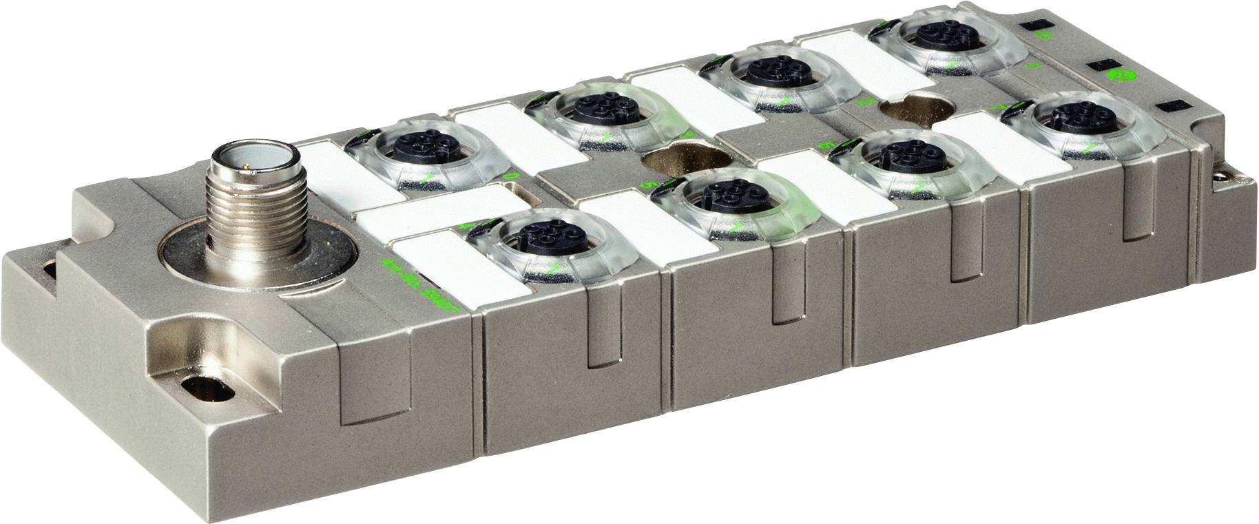 Industrieventil mit mehreren Anschlüssen zur Steuerung der Luftströmung. Metallgehäuse mit acht runden, schwarzen Stellknöpfen.