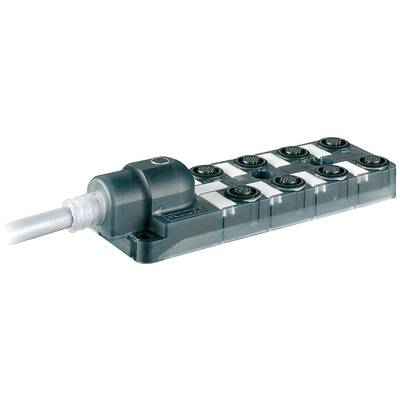 Ein Verteilerblock mit mehreren Anschlussmöglichkeiten, geeignet für industrielle Anwendungen. Er hat eine robuste Bauweise und verfügt über ein Anschlusskabel.