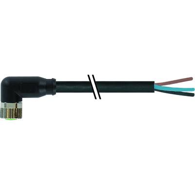 Ein rechtwinkliger Steckverbinder mit schwarzem Kabel und drei farbigen Adern (blau, grün, braun) ist abgebildet.