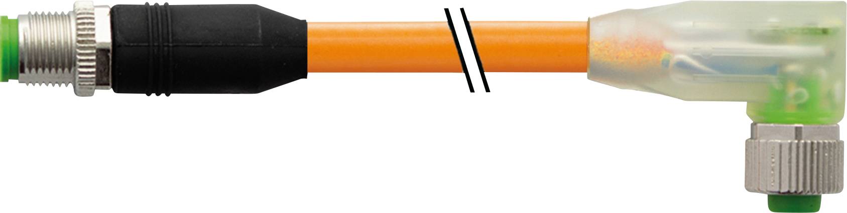 Ein orangefarbenes Kabel mit schwarzem Steckverbinder links und einem durchsichtigen L-förmigen Steckverbinder rechts.