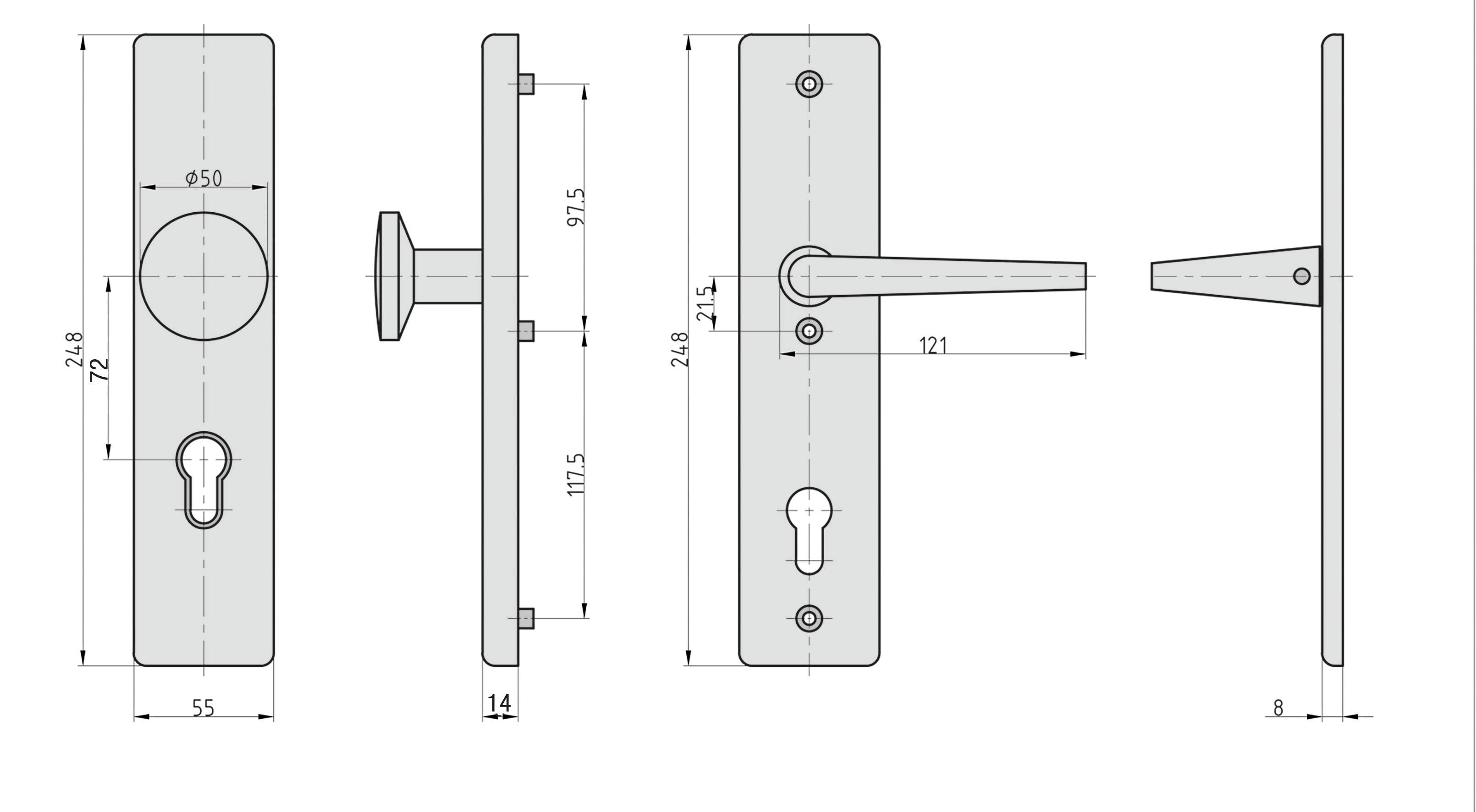 Technische Zeichnung eines Türgriffs mit Maßen: Höhe 245 mm, Breite 55 mm, Griffabstand 121 mm. Seiten- und Frontansicht.