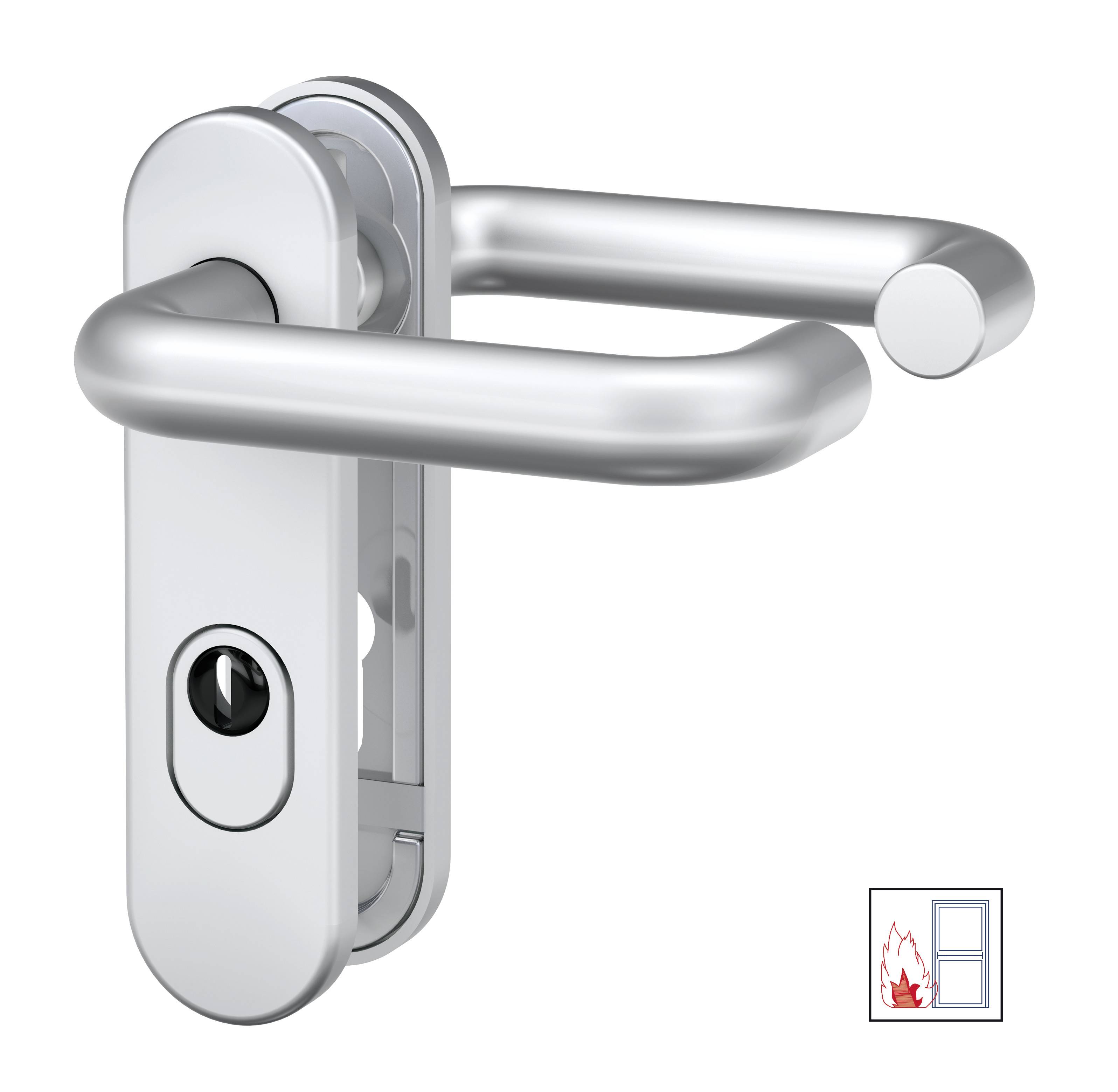 Türgriff aus Metall mit Schloss, geeignet für Feuerschutztüren, sichtbar durch kleines Feuersymbol.