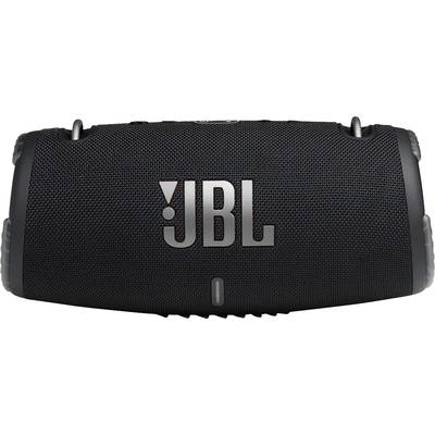 Ein schwarzer tragbarer Lautsprecher mit der Aufschrift 'JBL' in großen Buchstaben auf der Vorderseite.