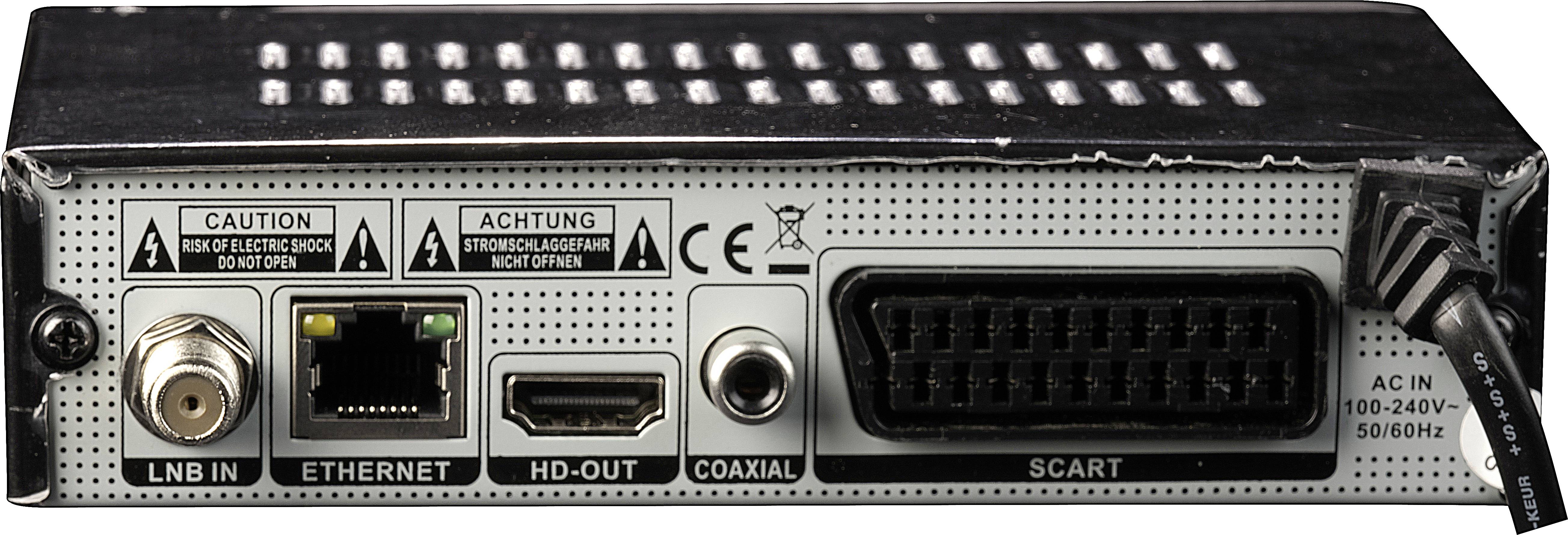 'Rückseite eines Elektronikgeräts mit Anschlüssen: LNB IN, Ethernet, HD-OUT, Coaxial, SCART und Netzstecker für AC IN 100-240V.'