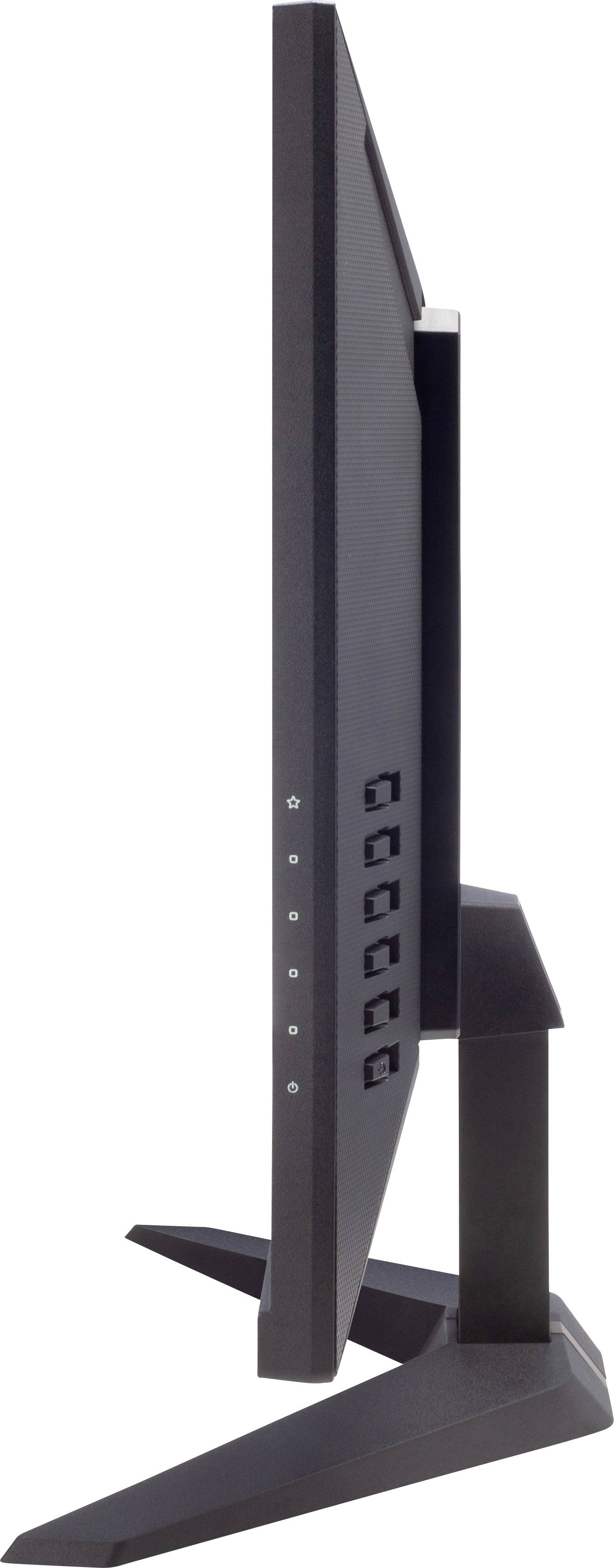 Ein seitliches Profil eines schwarzen Computerbildschirms auf einem Standfuß, der Knöpfe und einen schmalen Rahmen zeigt.