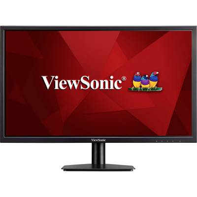 Ein Computerbildschirm mit der Aufschrift 'ViewSonic' und drei bunten Vögeln auf rotem Hintergrund.