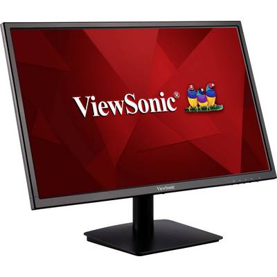 Ein schwarzer Computermonitor mit einem roten Bildschirmhintergrund zeigt das 'ViewSonic' Logo und drei bunte Vögel rechts daneben.