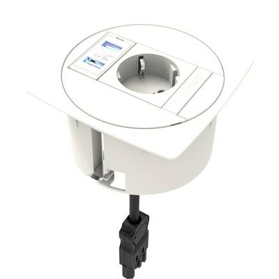 Eine weiße Steckdose mit integriertem USB-Anschluss, eingebaut in eine runde Platte. Ein schwarzes Kabel ist angeschlossen.