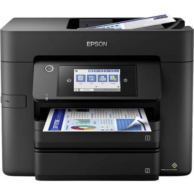 Ein schwarzer Drucker druckt ein farbiges Dokument mit Grafiken. Oben befindet sich ein weiteres Dokument im Scanner.