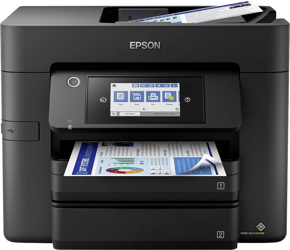 'Dunkler Multifunktionsdrucker mit Touchscreen-Display oben. Zwei Papierfächer mit bedrucktem Papier. Marke Epson sichtbar.'