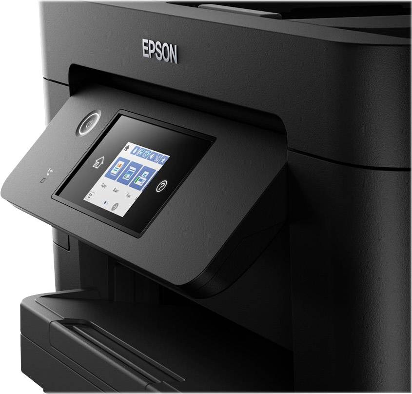 Ein schwarzer Epson-Drucker mit einem digitalen Farbbildschirm zeigt Symbole für Kopieren, Scannen und WLAN-Verbindung an.