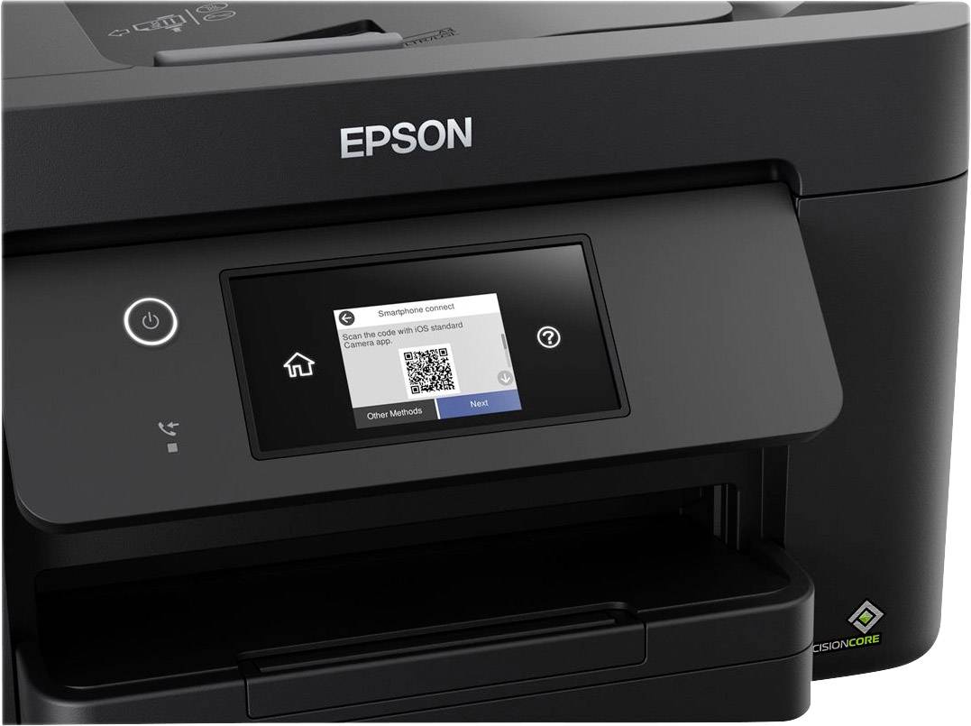 Ein schwarzer Epson-Drucker mit digitalem Display zeigt Anweisungen zur WLAN-Verbindung mit QR-Code. 