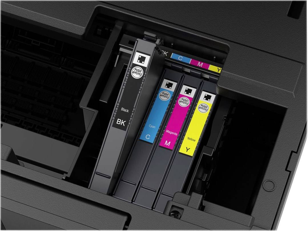 'Druckerpatronen in Schwarz, Cyan, Magenta und Gelb, eingebaut in einen Drucker, zeigen den Zustand und die Reihenfolge der Installation.'