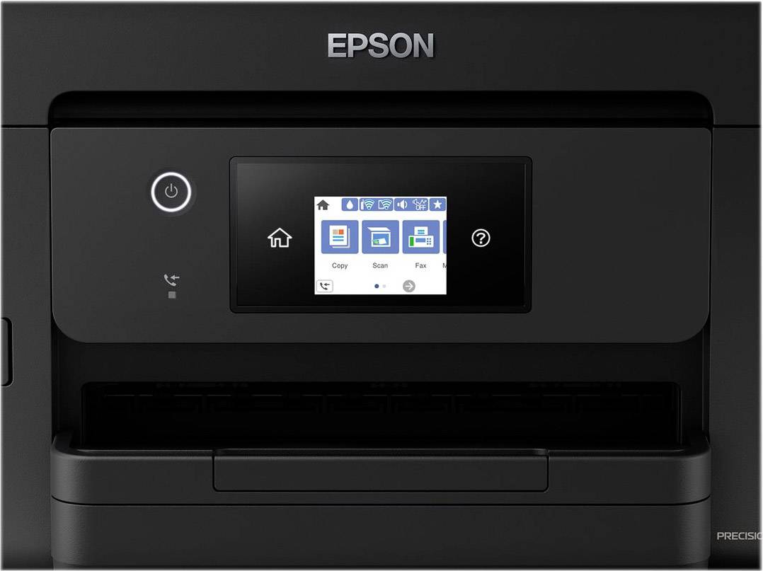 Ein schwarzer Epson-Drucker mit Touchscreen-Anzeige von Optionen wie 'Kopieren', 'Scannen' und 'Faxen' auf der Vorderseite.