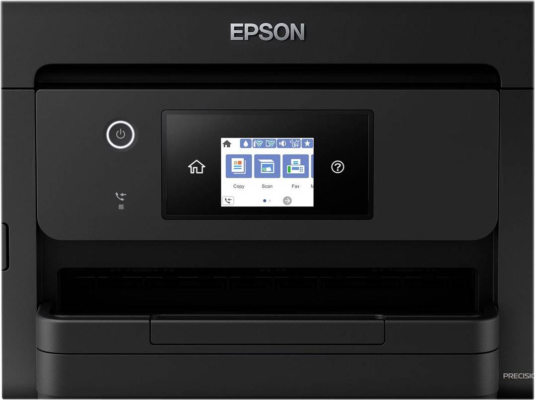 Ein schwarzer Epson-Drucker mit einem digitalen Touchscreen-Display, das Optionen wie 'Kopieren', 'Scannen' und 'Faxen' zeigt.