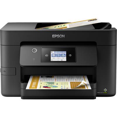 Ein schwarzer Epson-Drucker druckt ein Dokument mit farbigen Diagrammen und Text. Das Dokument hat gelbe und orangefarbene Elemente.