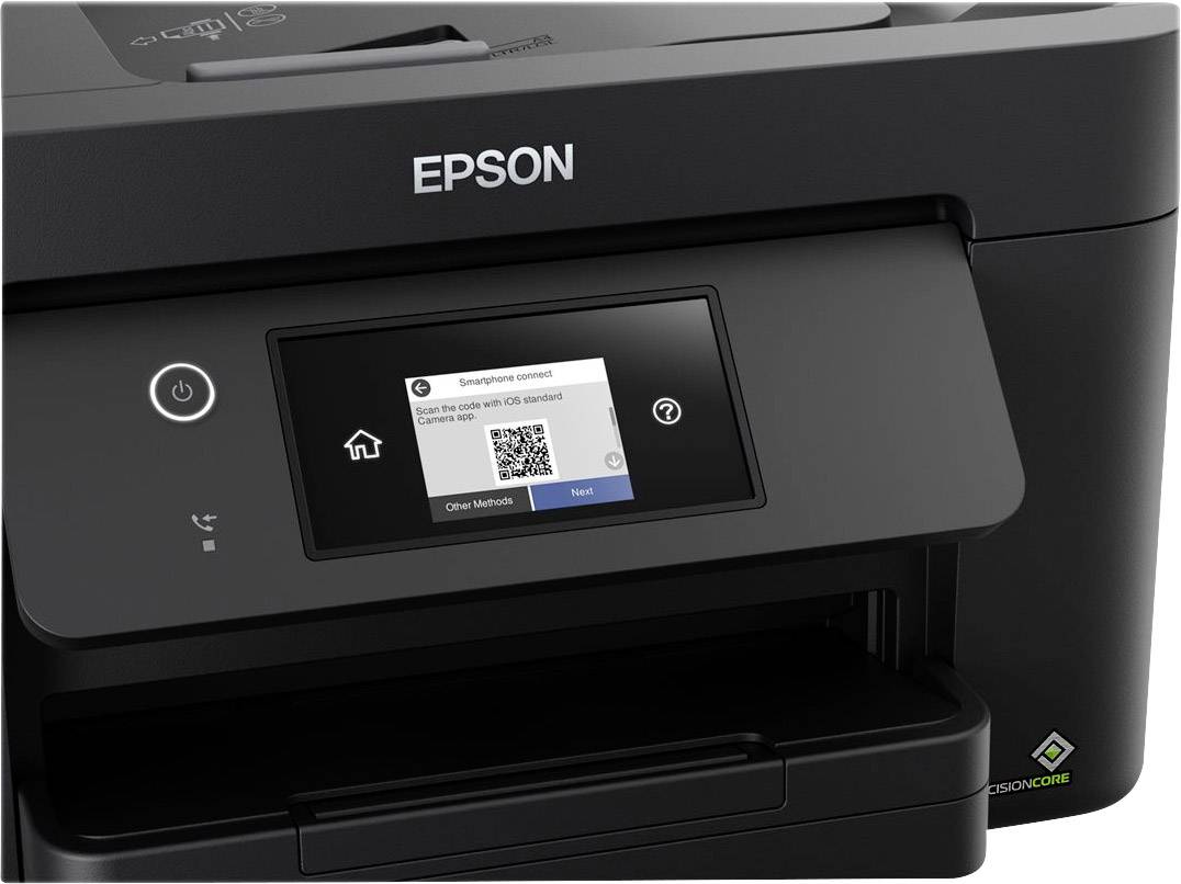 Ein schwarzer Epson-Drucker mit Touchscreen. Auf dem Display erscheint eine Wi-Fi-Verbindungsmeldung und ein QR-Code.
