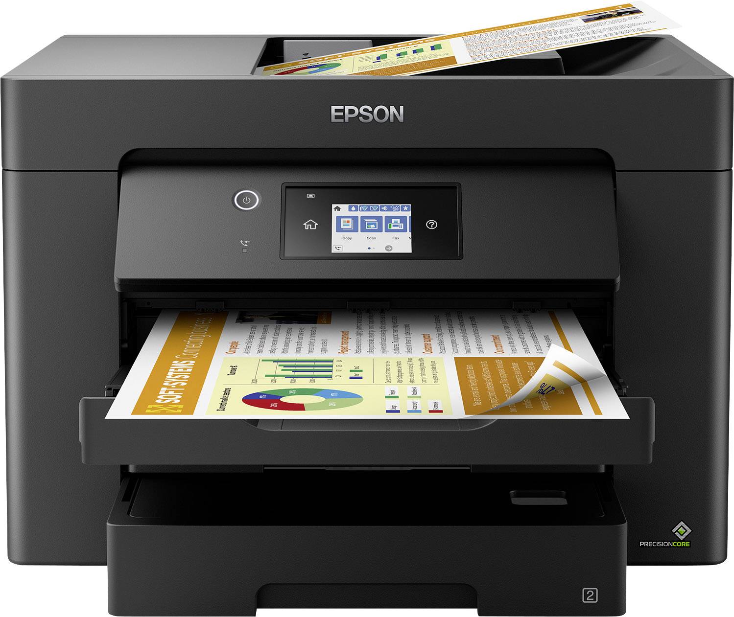 Ein schwarzer Drucker von Epson druckt ein farbiges Dokument mit Diagrammen und Texten. Das Display zeigt Druckinformationen an.