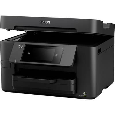 Ein schwarzer Epson-Drucker mit offenem Scannerdeckel, großem Touchscreen-Display und mehreren Papierfächern, bereit für den Einsatz.