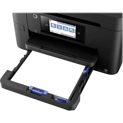 Schwarzer Drucker mit herausgezogenem Papierfach und Touchscreen-Anzeige oben, zeigt Druckerstatus und -einstellungen an.