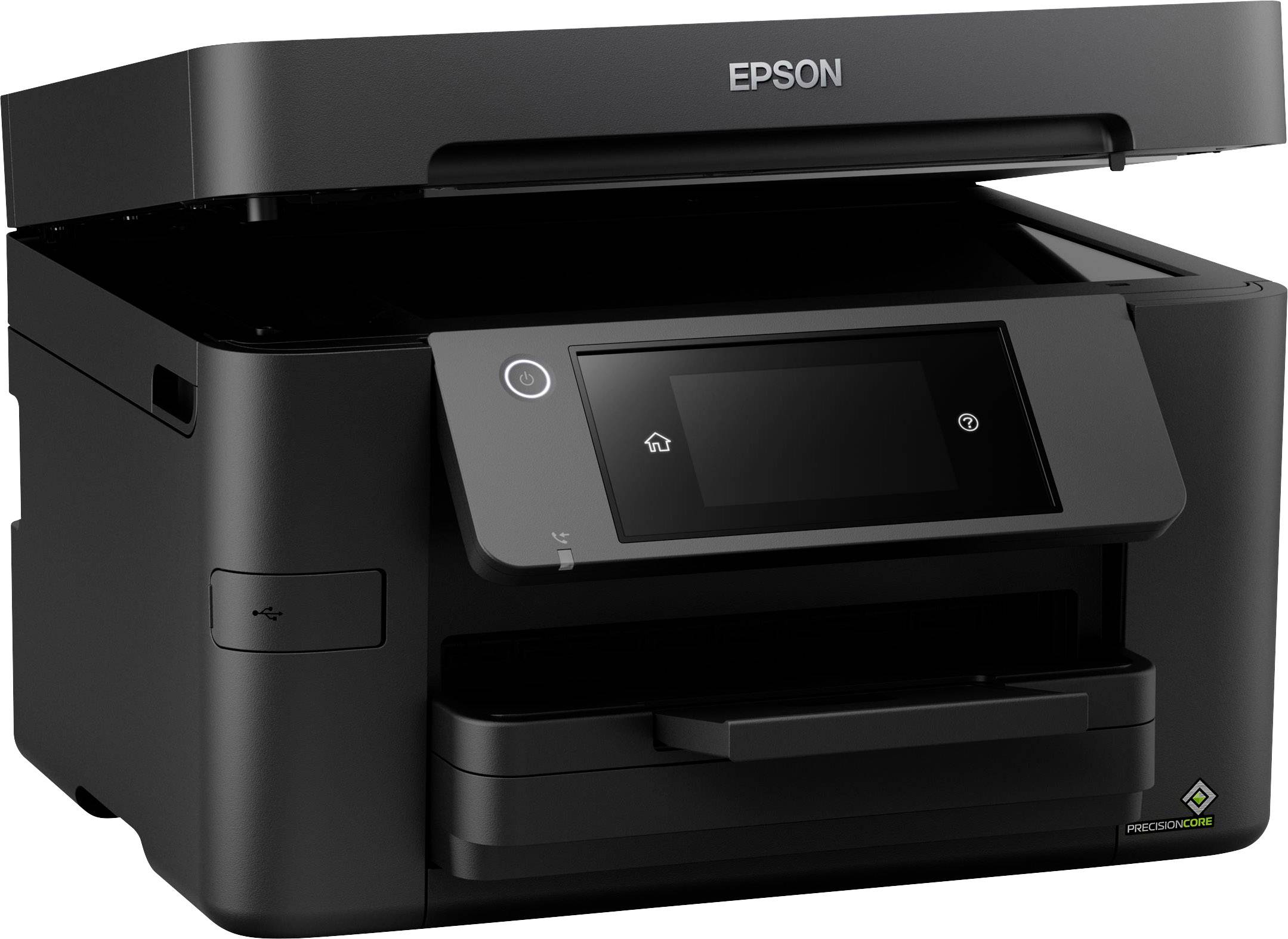 Ein schwarzer Epson-Drucker mit geöffnetem Scannerdeckel. Er verfügt über ein digitales Bedienfeld auf der Vorderseite.
