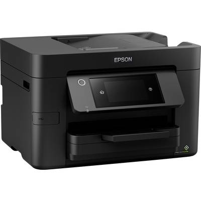Ein schwarzer Multifunktionsdrucker mit Touchscreen-Bedienfeld, Marke 'Epson'. Ideal für Büroanwendungen.