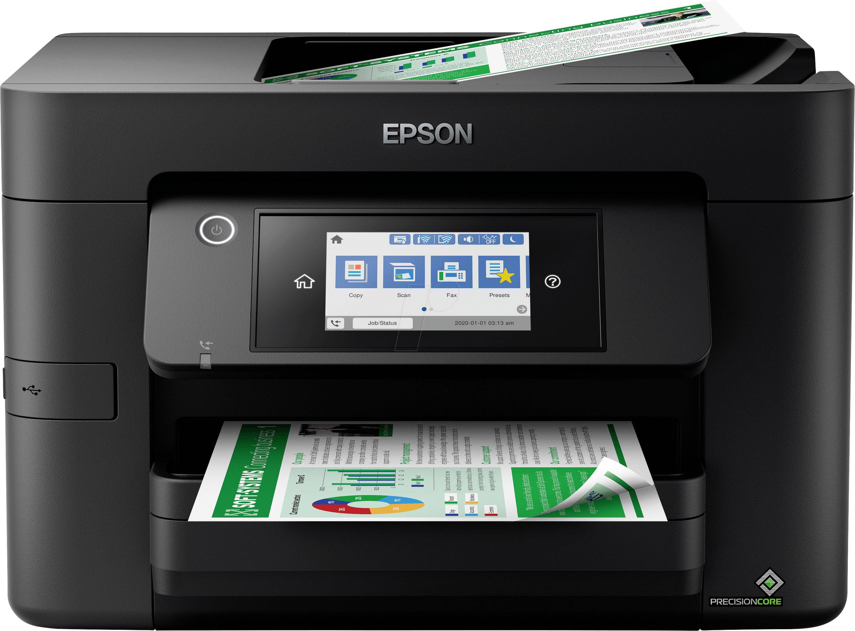 Schwarzer Epson-Drucker mit Digitalanzeige auf der Vorderseite. Ein bedrucktes Blatt wird oben eingezogen, ein weiteres liegt im Ausgabefach.