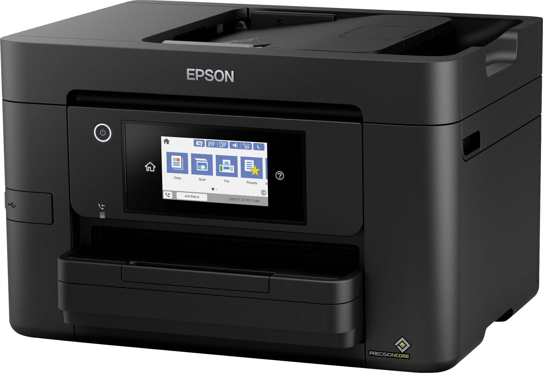 Schwarzer Epson-Drucker mit Touchscreen-Bedienfeld, auf dem Menüsymbole zur Druckerauswahl angezeigt werden.
