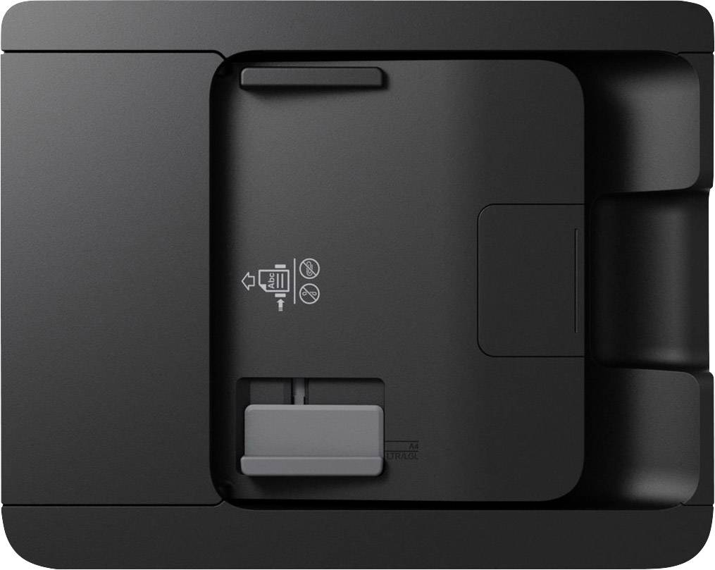 Schwarzes elektronisches Gerät mit offenem Papierfach und Symbolen für Papierausrichtung und Verbotssymbole oberhalb des Fachs.