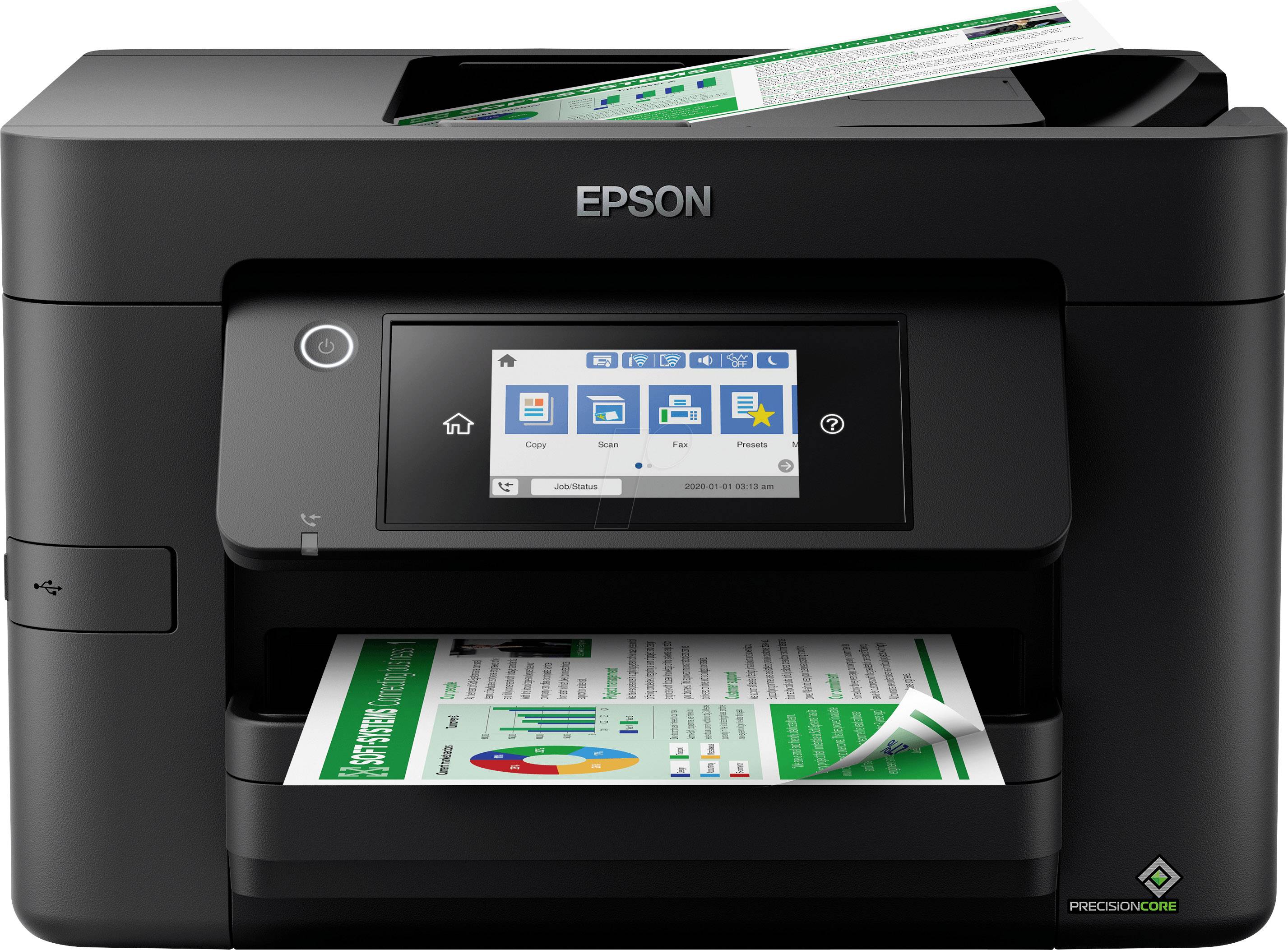Schwarzer Epson-Multifunktionsdrucker zeigt auf seinem Bildschirm Optionen für Kopieren, Scannen und Faxen. Ein Dokument wird gedruckt.