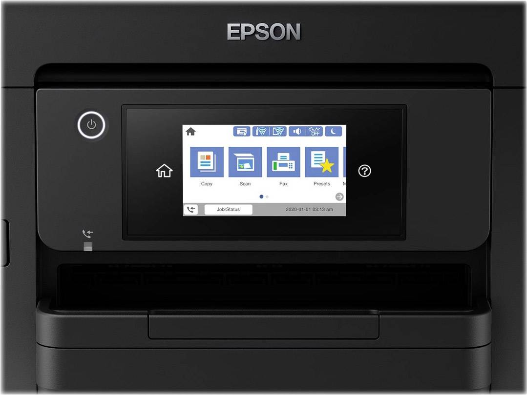 Ein Drucker mit einem Bedienfeld. Der Bildschirm zeigt Symbole für 'Kopieren', 'Scannen', 'Faxen' und 'Einstellungen'.