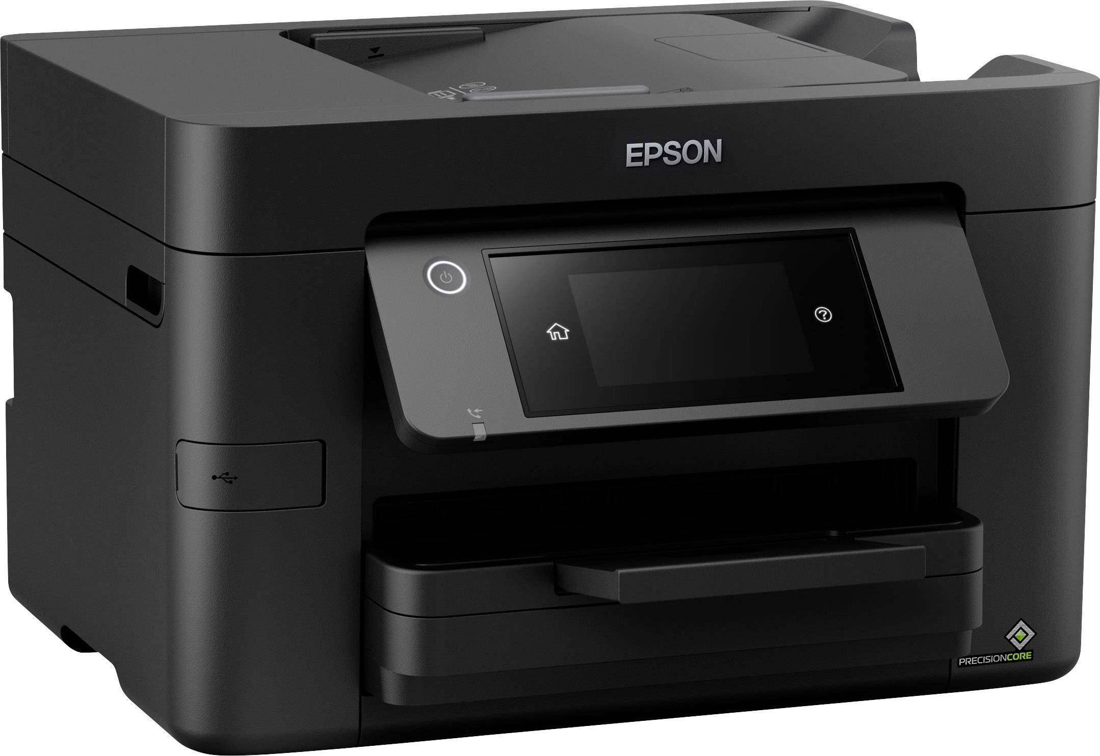 Ein schwarzer Epson-Drucker mit Touchscreen-Display, geeignet für Büroumgebungen.