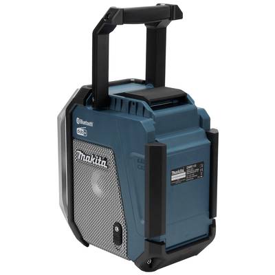 Ein tragbares, blaues Makita-Baustellenradio mit robustem Gehäuse, Bluetooth- und DAB+-Funktion. Ideal für den Einsatz auf Baustellen.