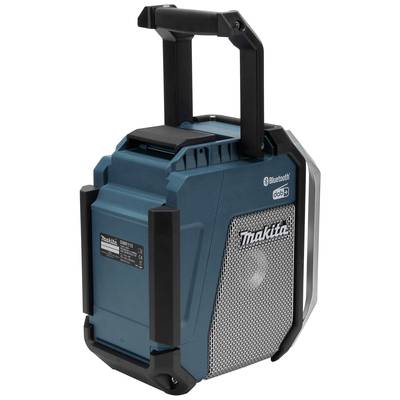 Tragbares, blaues Baustellenradio mit robustem Gehäuse und Bluetooth-Funktion, geeignet für harte Einsatzbedingungen.