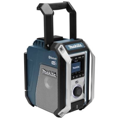 Tragbares blau-schwarzes Makita-Radio mit Bluetooth-Funktion und stabilen Griffen, geeignet für Baustellen.