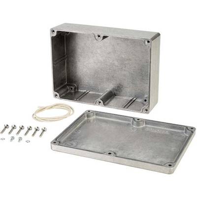 'Aluminium-Verteilerbox geöffnet: Ober- und Unterteil nebeneinander. Enthält Schrauben und Dichtung. Geeignet für Steckverbindungen.'
