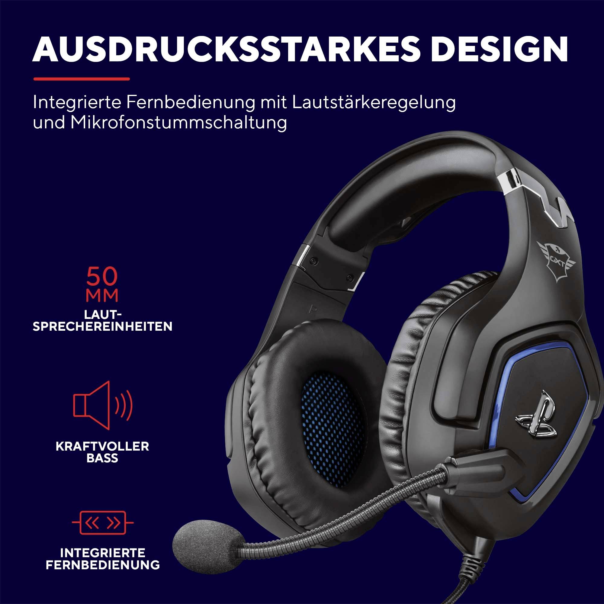 Gaming-Headset-Abbildung mit Mikrofon und eingebauter Fernbedienung. Text: 'Ausdrucksstarkes Design' und Spezifikationen.