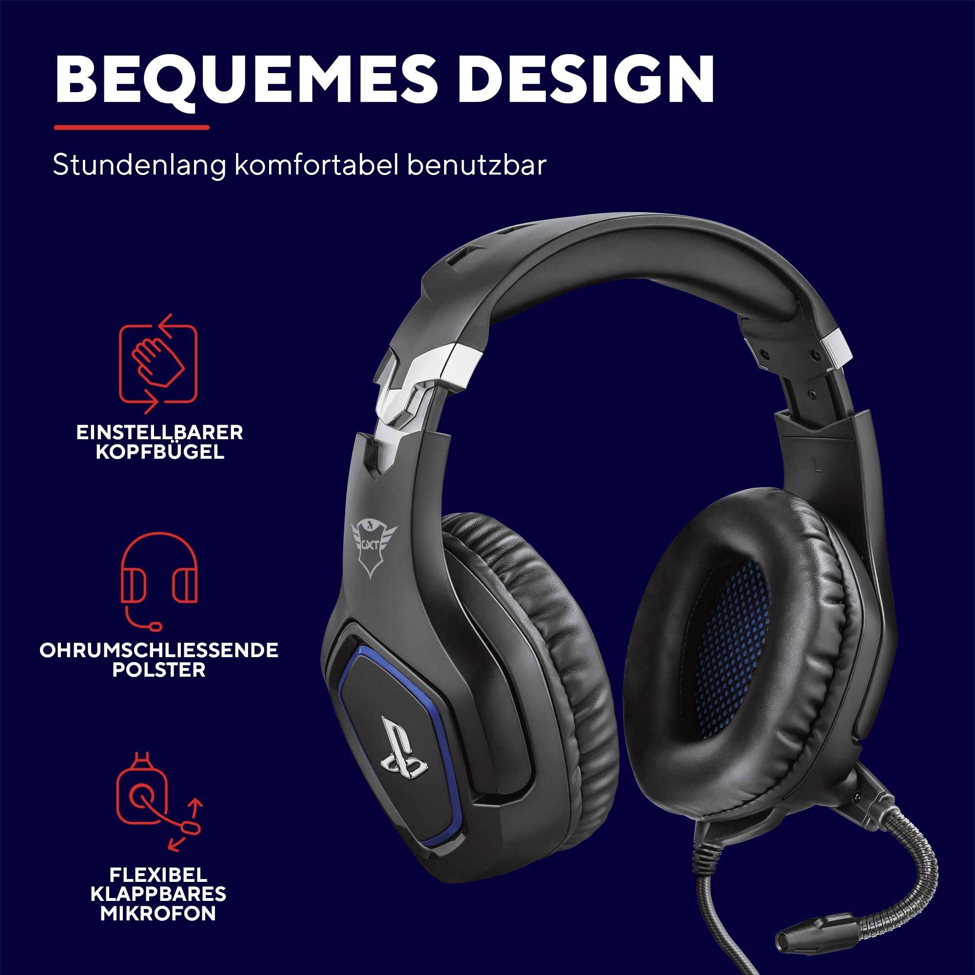 'Schwarzes Gaming-Headset mit Mikrofon, verstellbarem Kopfbügel und ohrumschließenden Polstern, geeignet für stundenlanges Tragen.'