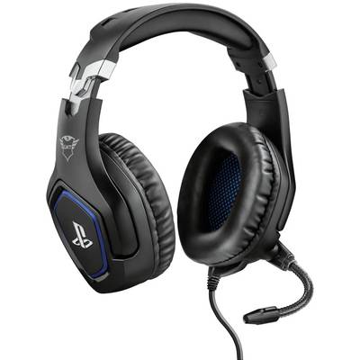 Ein schwarzes Gaming-Headset mit blauen Akzenten und abnehmbaren Mikrofon, geeignet für Konsolen und PCs.