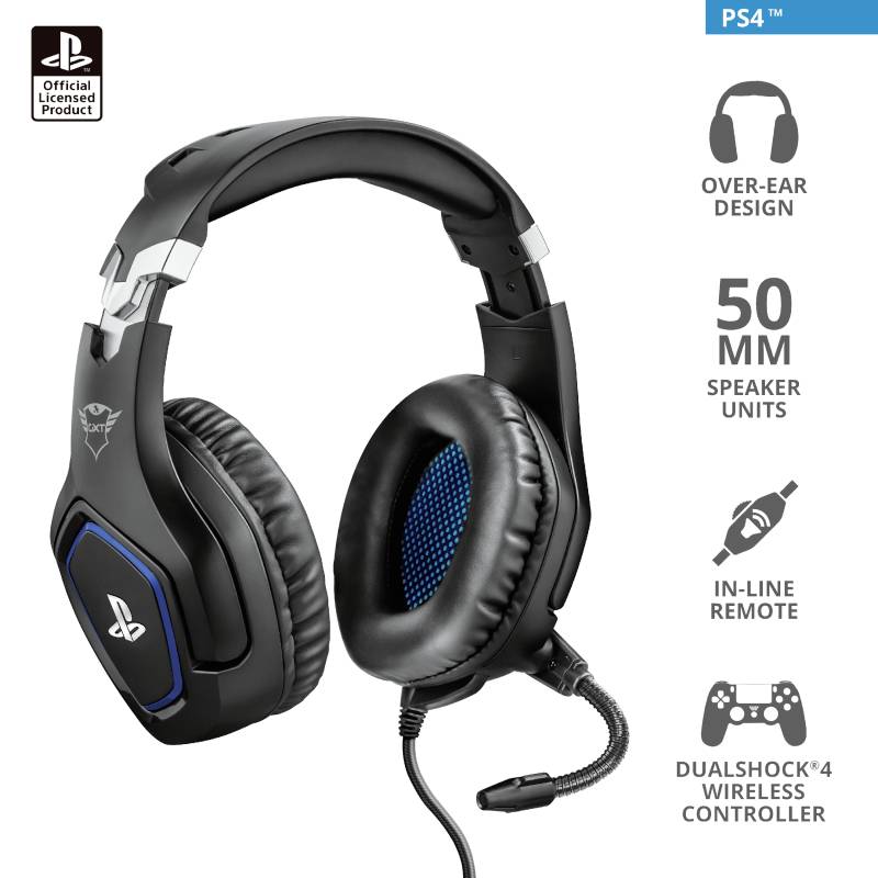 Headset für die PS4 mit Over-Ear-Design, 50 mm Lautsprechereinheiten, Inline-Fernbedienung, DualShock-4-kompatibel.