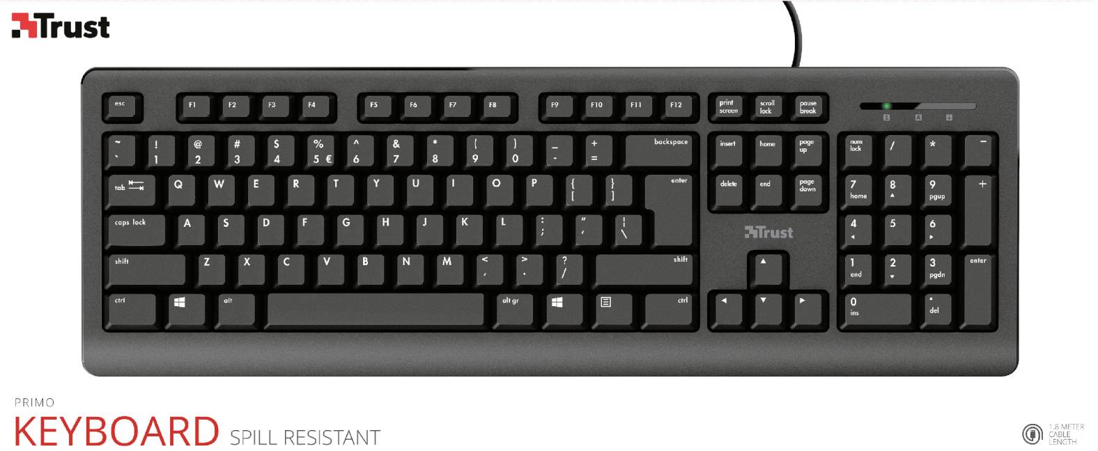 Tastatur mit vollwertigem Tastenlayout und spritzwassergeschütztem Design, schwarzes Gehäuse. Markenname 'Trust' oben links.