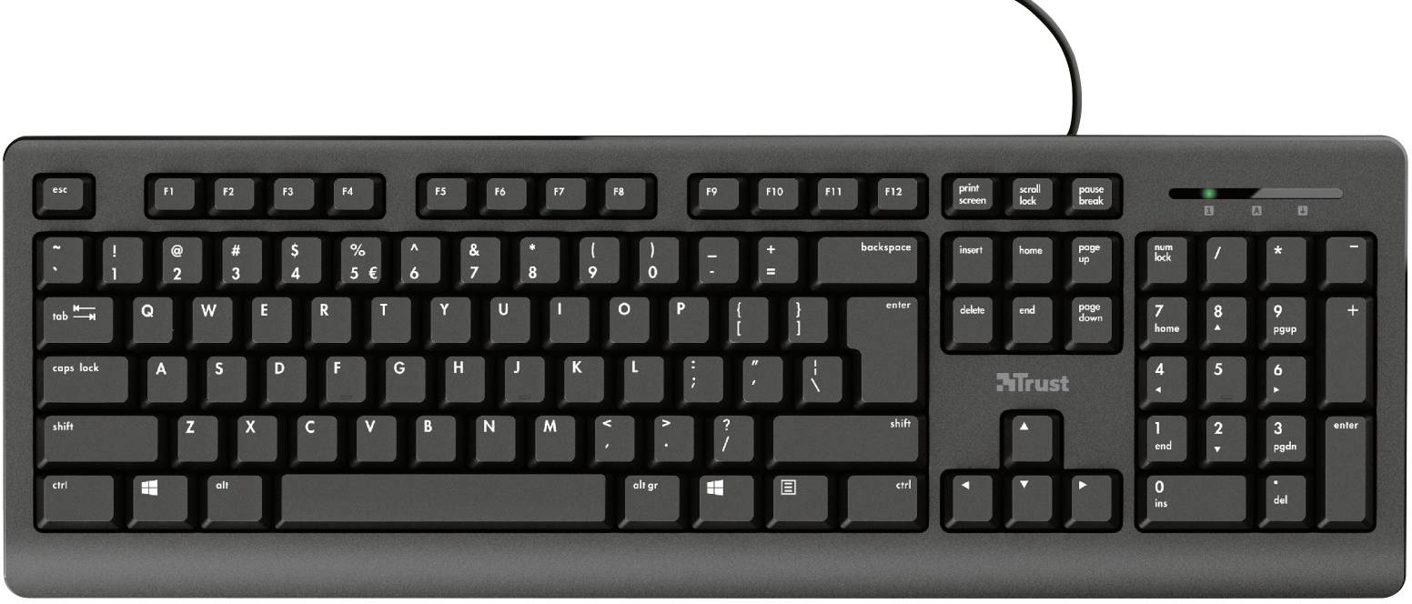 Computertastatur mit deutschem QWERTZ-Layout und numerischem Tastenfeld, schwarze Tasten auf dunklem Gehäuse.