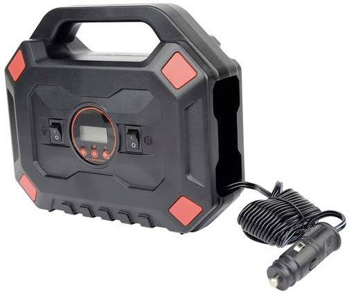 Tragbarer Luftkompressor mit digitaler Anzeige und Kabel, geeignet für Autoreifen. Kompaktes Design, einfach zu transportieren.