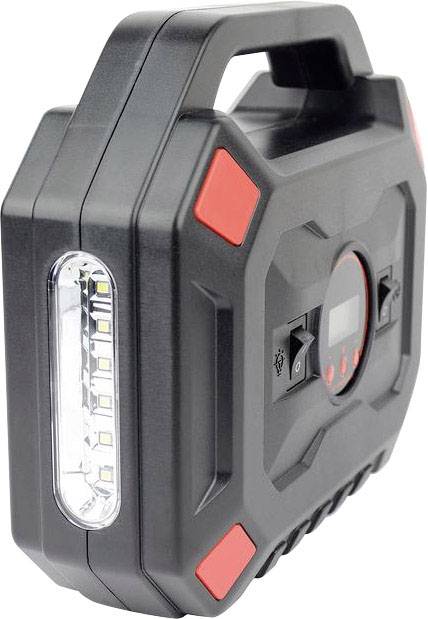 Ein tragbarer schwarzer Luftkompressor mit Digitalanzeige und rotem Akzent auf der Vorderseite. Er hat seitlich eingebaute LEDs.