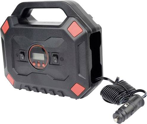 Eine tragbare Autobatterie-Ladegerät mit digitalem Bildschirm und Spiralkabel, geeignet für den Anschluss an den Zigarettenanzünder.