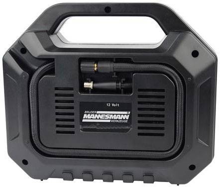 Ein schwarzer Manesmann Kompressor mit 12 Volt, geeignet für verschiedene Anwendungen, erkennbar an einem Tragegriff oben.