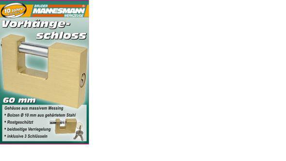 'Vorhängeschloss' aus Messing, Bolzen aus Stahl, rostgeschützt, inklusive 3 Schlüssel. Werbung für 'Brüder Mannesmann Werkzeuge'.