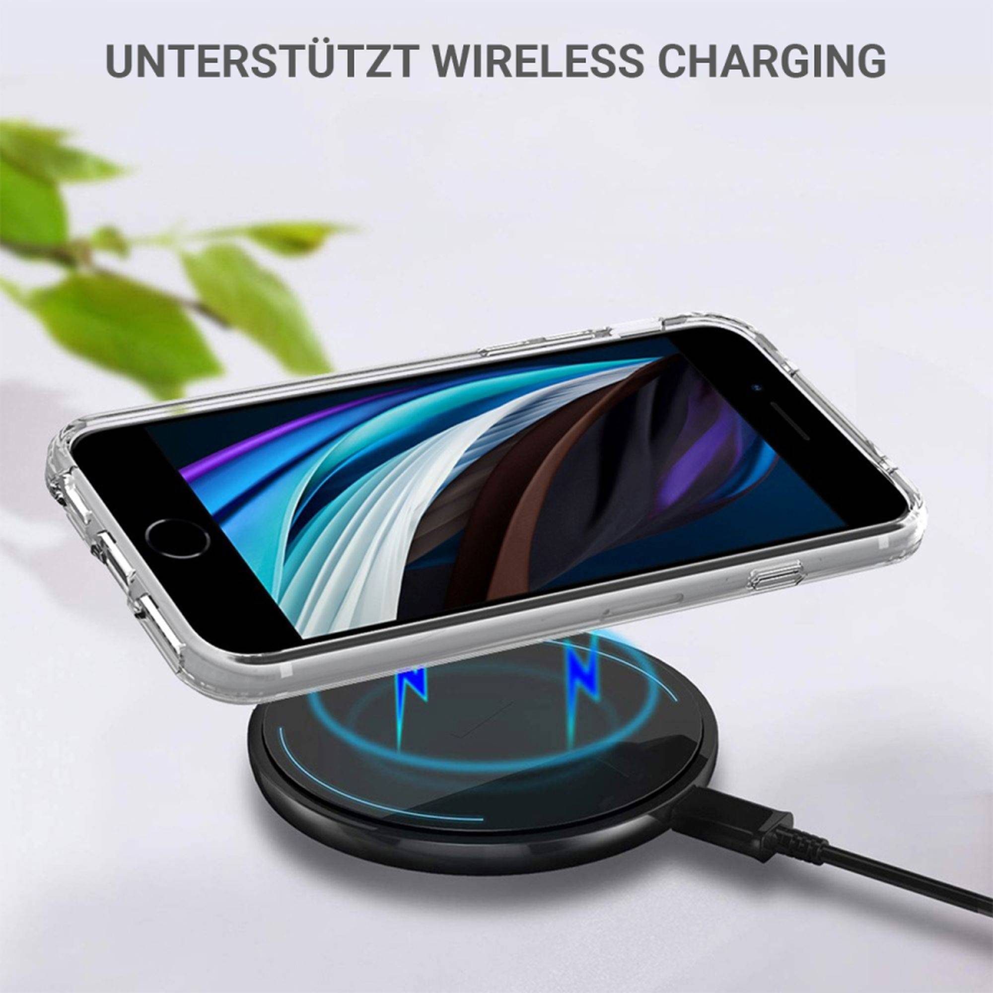 Ein Smartphone liegt auf einem kabellosen Ladegerät. Der Hintergrund zeigt unscharf Pflanzenelemente. Der Text oben lautet 'Unterstützt Wireless Charging'.