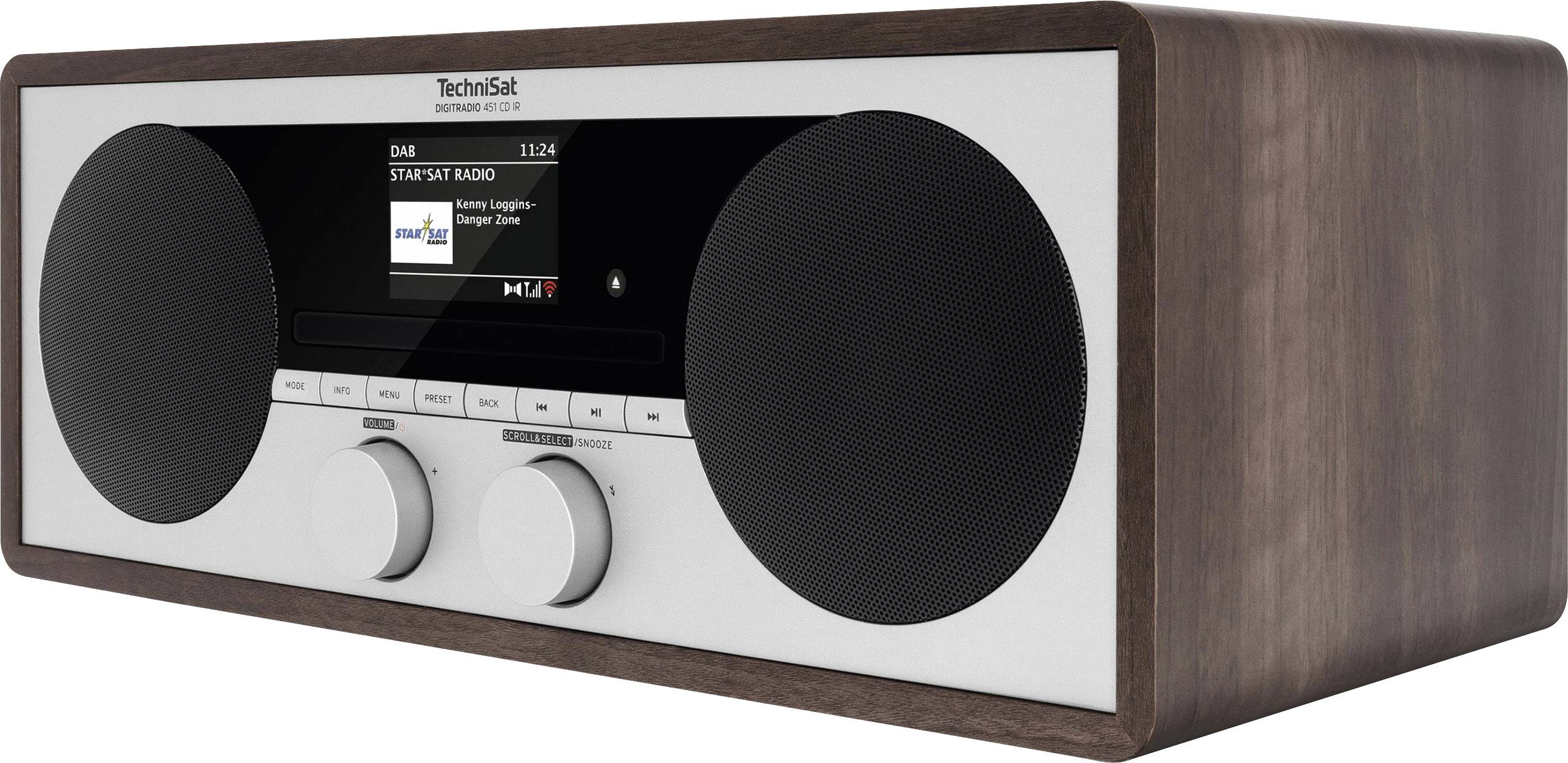 Ein Radiogerät mit Holzverkleidung zeigt auf dem Bildschirm: 'DAB Stay FM Radio'. Zwei große Lautsprecher auf der Vorderseite.